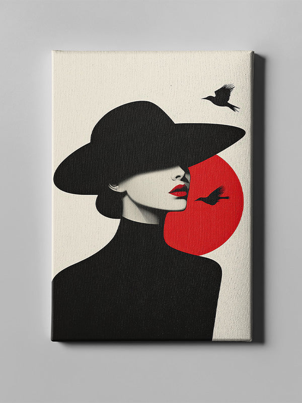 Woman in black hat, red circle, minimalist