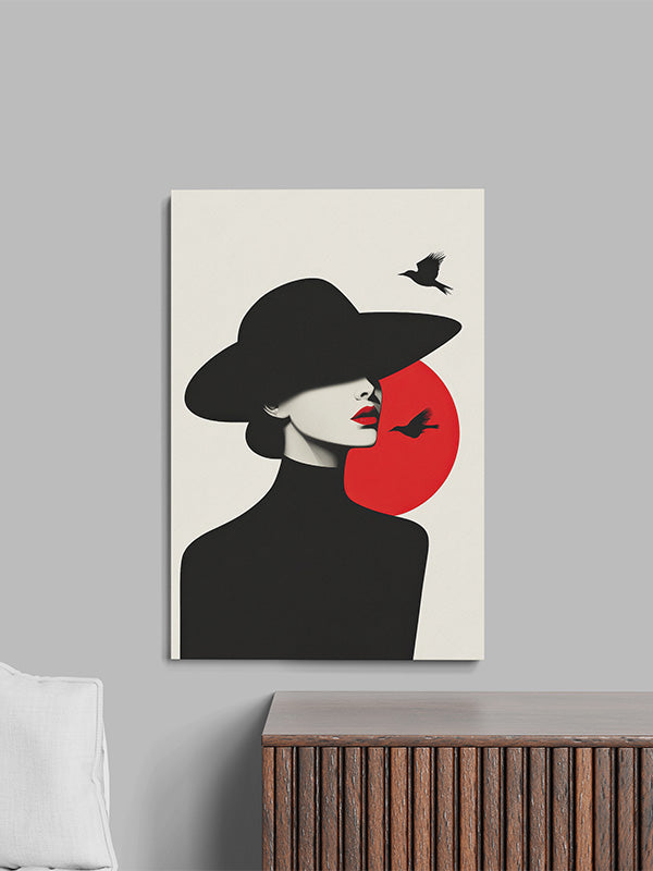 Woman in black hat, red circle, minimalist