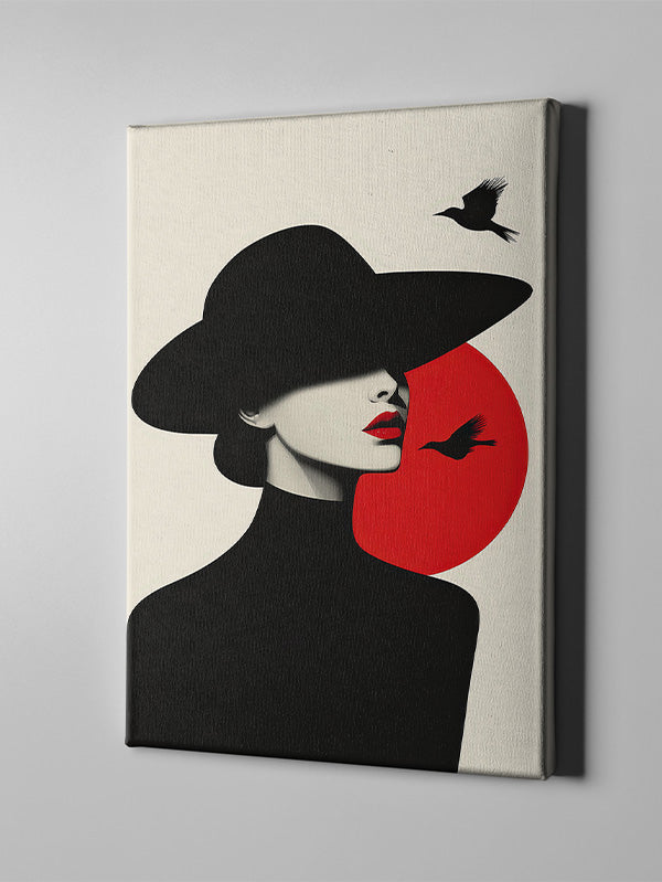 Woman in black hat, red circle, minimalist