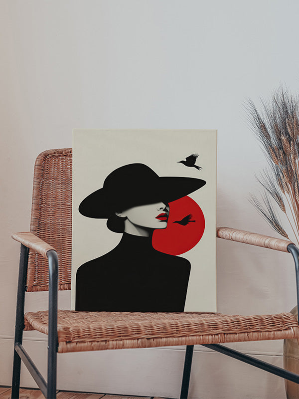 Woman in black hat, red circle, minimalist