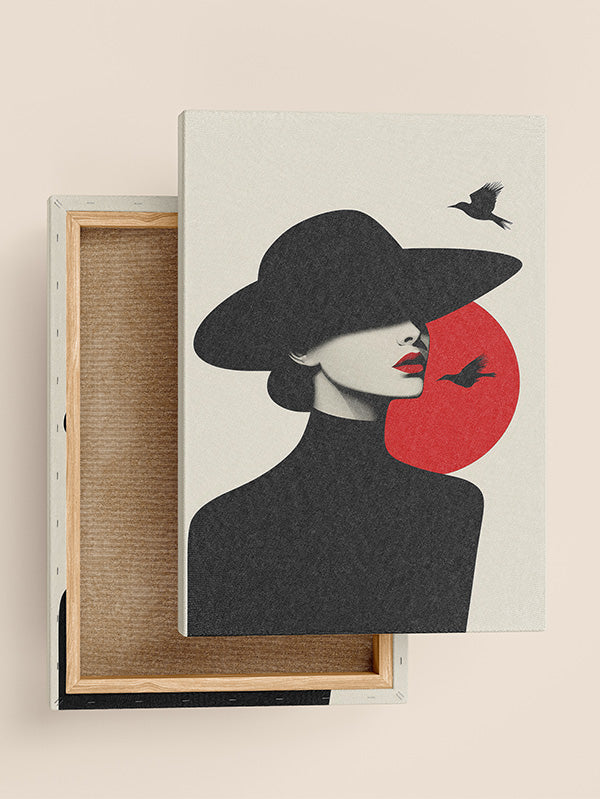 Woman in black hat, red circle, minimalist