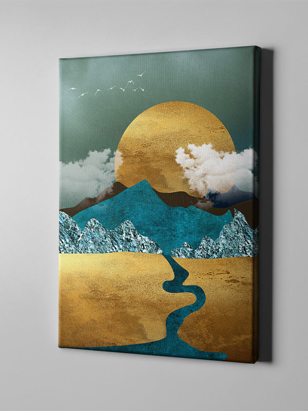 A gold and blue mountain with sun